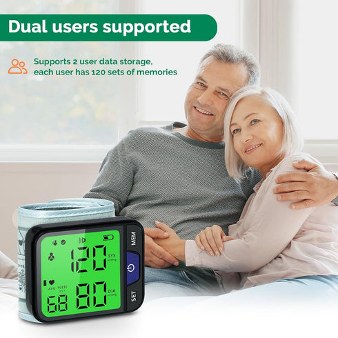 Automatic Wrist Blood Pressure Monitor with Voice, Digital 3 Color Backlit LCD Display, 240 Readings for Dual Users