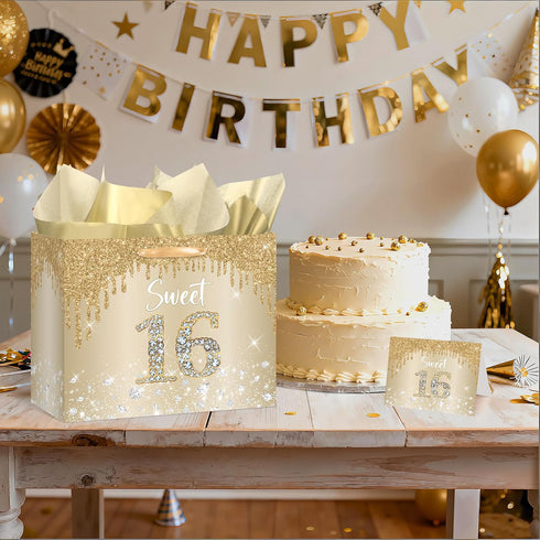 Yoirrat 16 16th Sweet Gift Bag with Wrapping Tissue Paper & Card Large Champagne Gold Glitter Birthday Gift Bags