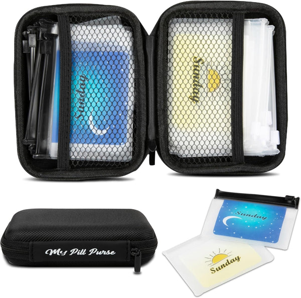 Day and Night Pill Organizer 14 Mini Pill Bags - Color Coded, Pre-Labeled for 7 Days, Travel AM PM Med Wallet