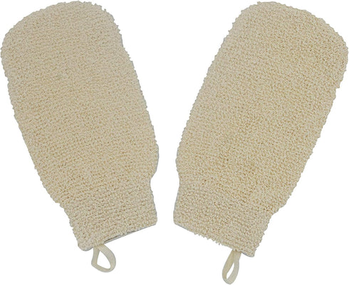 Natural Ramie Dual Sided Exfoliating Glove, White Hand Mitt Shower Scrubber, Pack of 2, Machine Washable