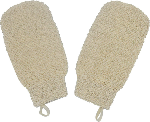 Natural Ramie Dual Sided Exfoliating Glove, White Hand Mitt Shower Scrubber, Pack of 2, Machine Washable