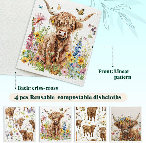 LARTSFRO 4 Pack Highland Cow Floral Gifts Swedish Dishcloths for Kitchen, Dish Towels Housewarming Gift for Farmhouse