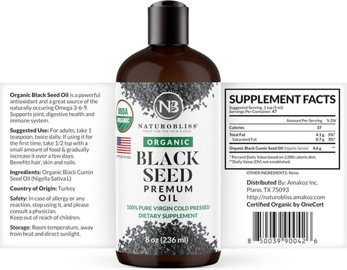 NaturoBliss Organic Black Seed Oil 100% Virgin Cold Pressed - 8oz Super Antioxidant for Immune Support, Joints, and