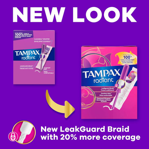 Multipack, 84 Count (3 Packs 28), Packaging Tampax Radiant Tampons for Women with LeakGuard Braid, Regular/Super