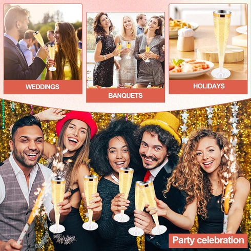 RAIHOMKIT 50 Pack 4.5 Oz Plastic Champagne Flutes Disposable, Gold Rim Champagne Glasses, Clear Disposable Champagnes