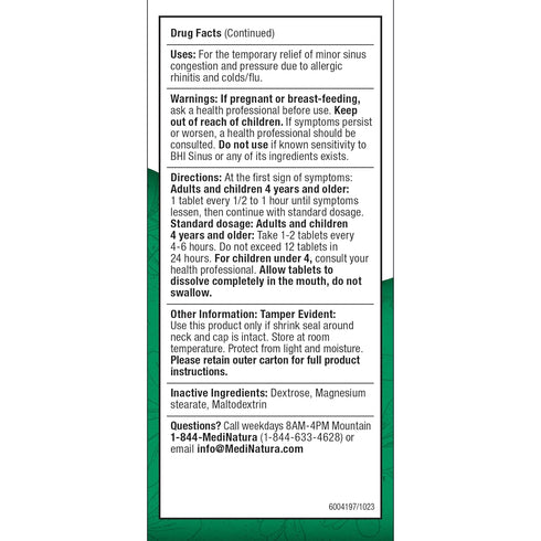 BHI Sinus Natural Congestion Relief 100 Tablets - Extra Strength for Nasal Cold Symptoms, Pain, Pressure & Headache
