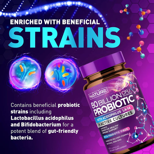 80 Billion CFU Probiotic - Daily Digestive Supplement for Men & Women, Non-GMO, Gluten & Dairy Free, 60 Capsules