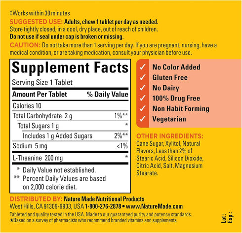 Nature Made Chewable L-Theanine 200mg - 50 Chewable Tablets for Stress Relief, 50 Day Supply