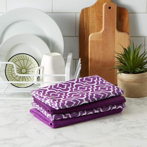 DII Cleaning Collection Multi-Purpose Microfiber Dishtowel Set, Eggplant Lattice