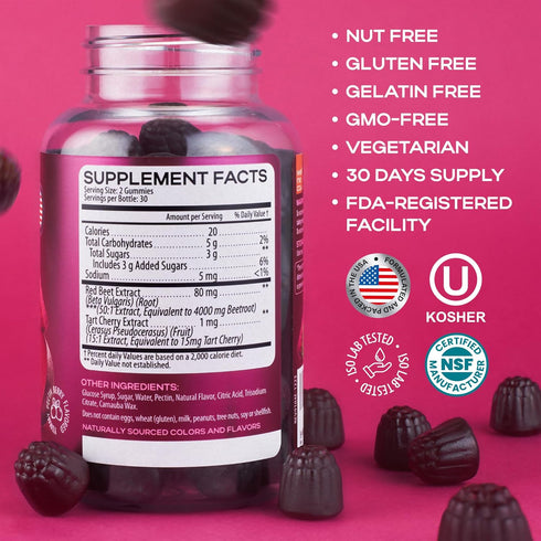 Nitric Oxide Supplements Gummies for Men and Women - Beet Chews with Tart Cherry Extract 4000 mg - Non-GMO, Pectin Based