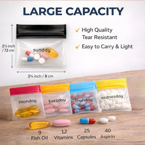 OGAK 7 Set Day Pill Pouches with Labels, Reusable Silicone Pill Pouch Bags, Travel Medicine Organizer with Pill Cutter