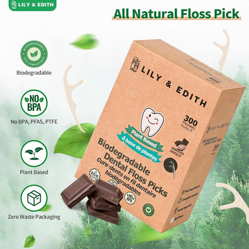 LILY & EDITH Biodegradable Dental Floss Picks - 300 Counts, Fluoride-Free, Plant Based, Zero Waste Package