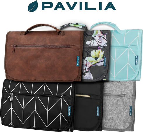 PAVILIA Hanging Toiletry Bag - Travel Kit Organizer for Men Women, Waterproof Dopp Case, Brown