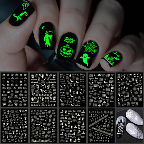 TailaiMei 9 Sheets Halloween Nail Stickers | Glow in The Dark Fluorescent Design Nail Decals for DIY Manicure
