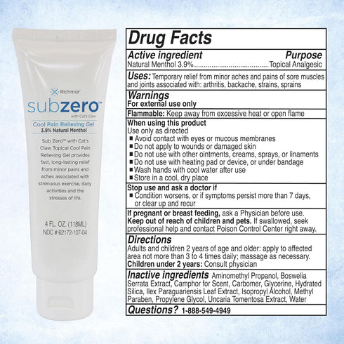 Cooling Pain Relief Gel, 4oz Tube, Sub Zero for Joint and Nerve Pain