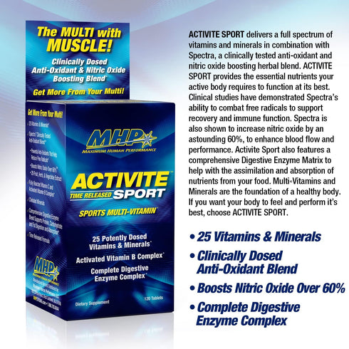MHP Activite Sport Multi Vitamin, 120 Tablets, 25 Vitamins and Minerals, Nitric Oxide Booster, Digestive Enzymes,