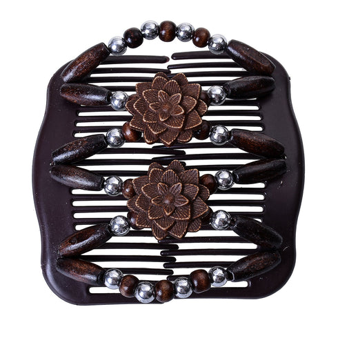 LOVEF Women Magic Hair Combs, Wood Beaded Stretch Double Side Combs Clips, Bun Maker Hair Accessories (Coffee)