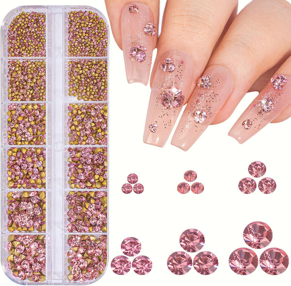 1 Box 12Grids Nail Art Rhinestones, 1660Pcs Light Pink Gems with Storage Organizer Box for Nail Art Craft