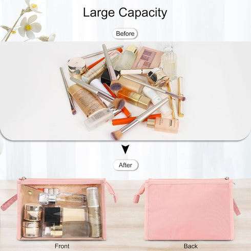 MONSTINA Clear Makeup Bag, Large Capacity Portable Travel Cosmetic Case, Waterproof Toiletry Bag, Pink