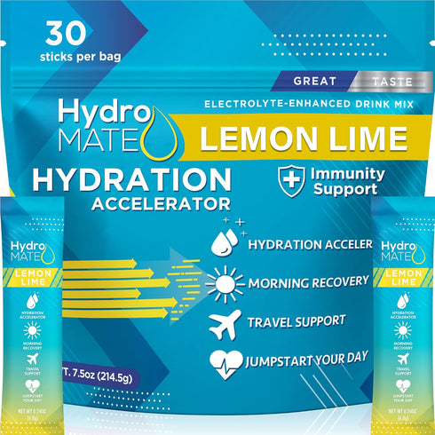 HydroMATE Electrolytes Powder Packets - Lemon Low Sugar Hydration Accelerator Drink Mix, 30 Count for Fast Liquid
