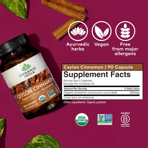 ORGANIC INDIA Cinnamon Supplement, 90 Veg Caps - Nutritional Support for Blood Sugar Metabolism