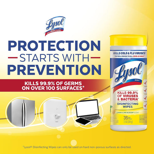 Lysol Disinfectant Wipes, Multi-Surface Antibacterial Cleaning Wipes, Lemon and Lime Blossom, 35 Count (Pack of 3)