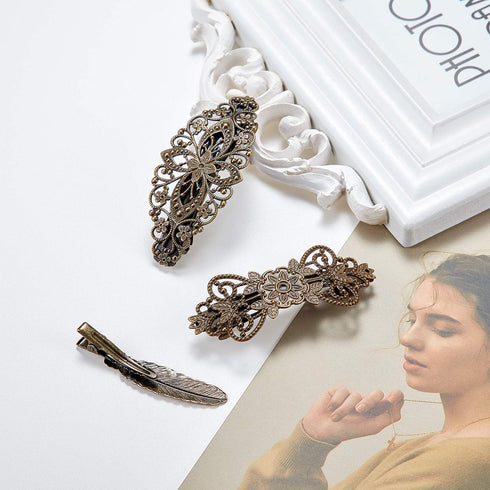 WILLBOND 6 Pieces Vintage Hair Barrettes, Retro French Flower Clips, Metal Bronze Floral Pins for Women