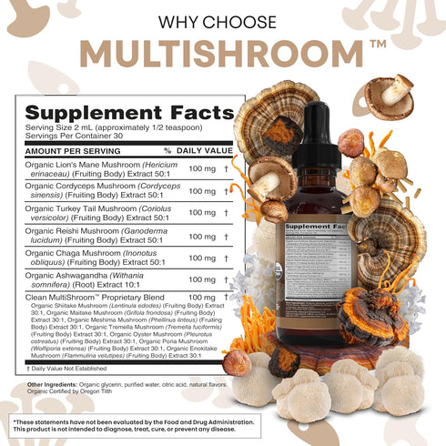 Mushroom Supplement Liquid Drops with Lions Mane Turkey Tail Cordyceps Reishi Chaga Shitake Maitake Tremella Oyster