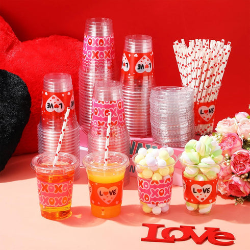 Yaomiao 300 12 oz Set Pcs Valentine's Day Plastic Party Cups with Lids and Straw Valentine's Day Plastic Cup Heart