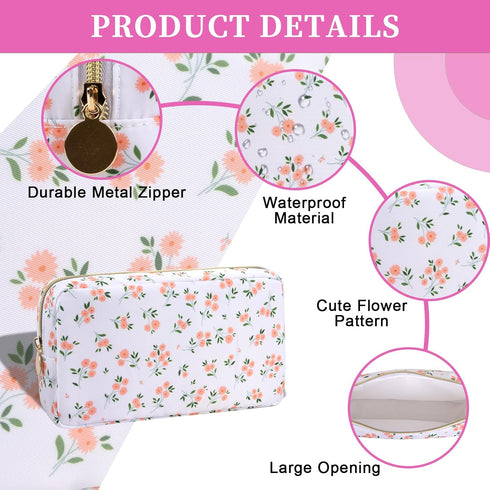 Iqimott Floral Nylon Small Makeup Bag: Cute Preppy Zipper Pouch, Waterproof Travel Toiletry Bag for Women (Pink Flower)