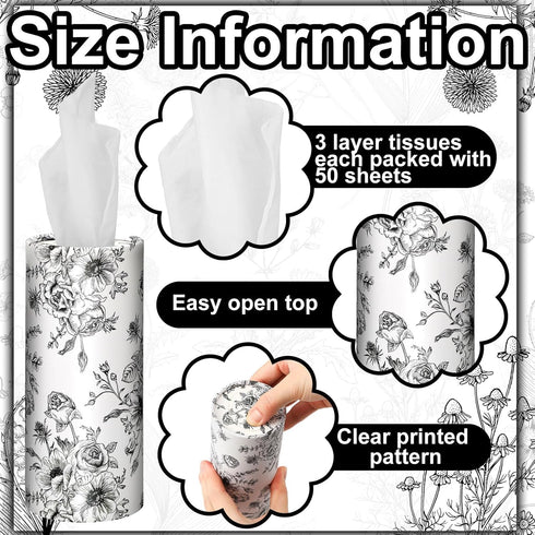 Zonon 16 50 Pcs Vintage Floral Round Tissues Box Car Holder with Facial Tissue Bulk Black Flower Travel Tubes for Car