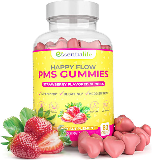 PMS Gummies - Happy Flow PMS Support Supplement for Women - Strawberry PMS Relief Supplement with Vitamin B6 for