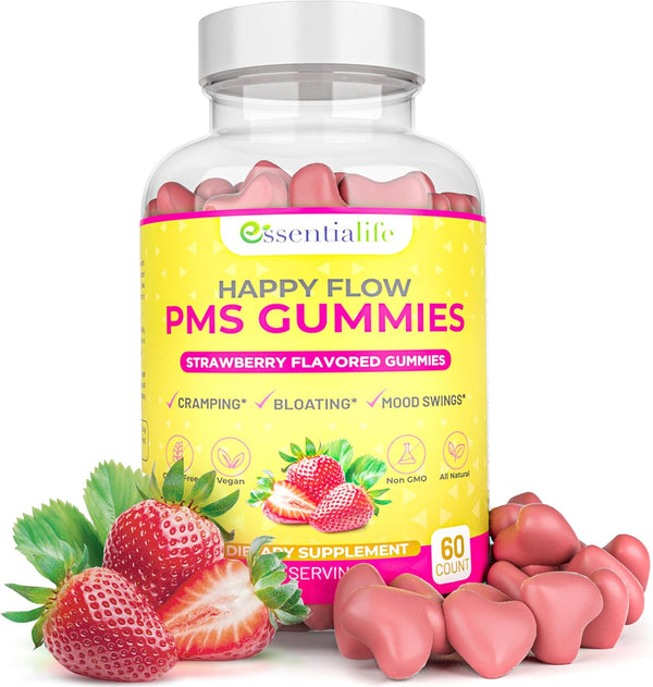 PMS Gummies - Happy Flow PMS Support Supplement for Women - Strawberry PMS Relief Supplement with Vitamin B6 for