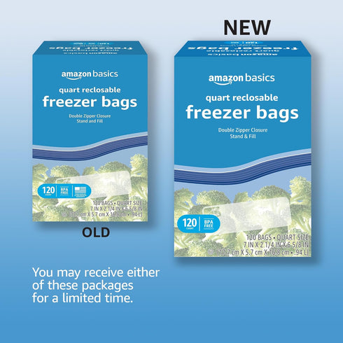 Amazon Basics Reclosable Freezer Quart Bags, Stand & Fill Base, 120 Count