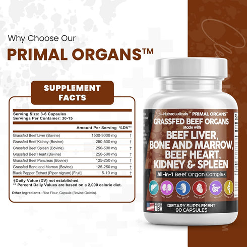 Clean Nutraceuticals Grass Fed Beef Liver Capsules - 3000mg - Premium Quality Supplement with Desiccated Beef Heart,