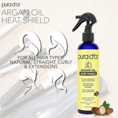 PURA D'OR Argan Oil Heat Shield Protectant Spray, 8 Oz, Protects Up To 450º F from Flat Iron & Hot Blow Dry