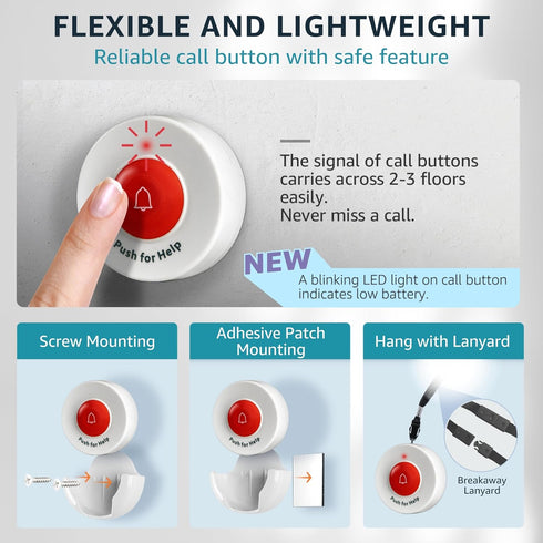SYNLETT Caregiver Pager Wireless Call Buttons for Elderly Monitoring SOS Alert System Portable Alarm for Nurse Call