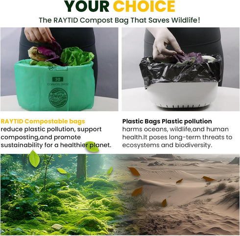 RAYTID 3 Gallon Compostable Trash Bags, Food Scrap Small Kitchen Bags, 100 Count, BPI & OK Compost Home Certified