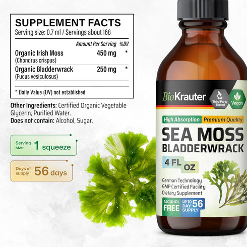 BIO KRAUTER Irish Sea Moss Drops - Vegan Immune Support Supplement with Bladderwrack, Alcohol & Sugar Free, 4 Fl.Oz.