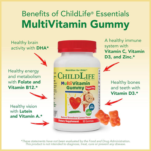CHILDLIFE ESSENTIALS Kids Multivitamin Gummies, Natural Strawberry Lemon, 90 Gummies, Vitamins with DHA & Lutein