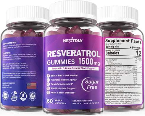 Resveratrol Gummies 1500mg - Sugar Free Supplement with Quercetin, Grape Seed, Acai Berries Extracts for Antioxidant,