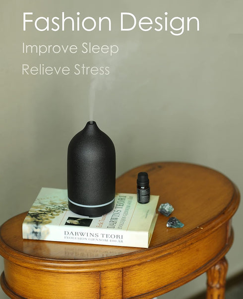 Essential Oil Diffuser, Handcrafted Ceramic Ultrasonic Cool Mist Air Diffuser, 9 Colors Night Light with Timer (Black)
