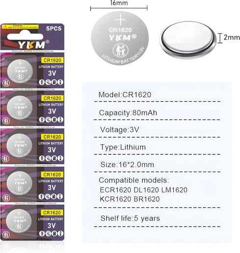 5PCS CR1620 DL1620 BR1620 80mAh Long Lasting 1620 3V Lithium Battery for Car Key Fob Watch Keyless Remote Scale