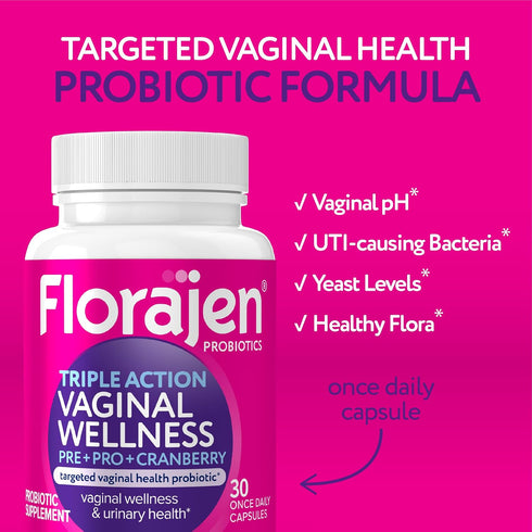 Immune 30-Count Florajen Womens Triple-Action Probiotic, Prebiotic + Probiotic + Cranberry for Vaginal, Digestive