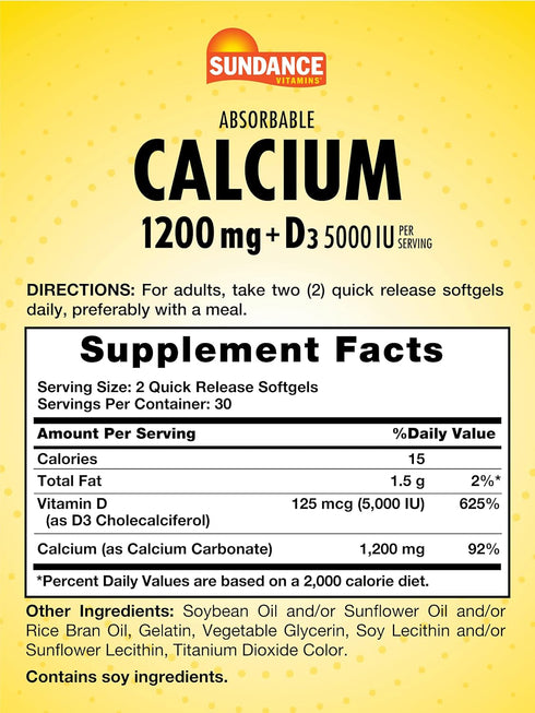 Calcium 1200mg with Vitamin D3 | 60 Absorbable Softgels | Non-GMO and Gluten Free Supplement | by Sundance