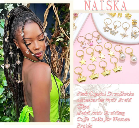 NAISKA 156Pcs Pink Crystal Loc Dreadlocks Jewelry: Gold Hair Decoration for Braids Multi Shape Crown Pearls