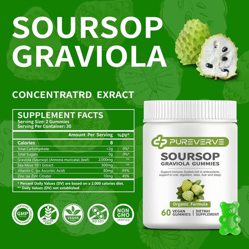 Pureverve Gummies, Immunity, 60 Soursop Graviola Max Strength Soursop Leaves Extract with Sea Moss & Zinc for Cell