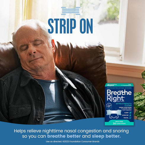 Breathe Right Extra Strength Nasal Strips | Clear | 26 Count | For Sensitive Skin | Drug-Free Snoring Solution