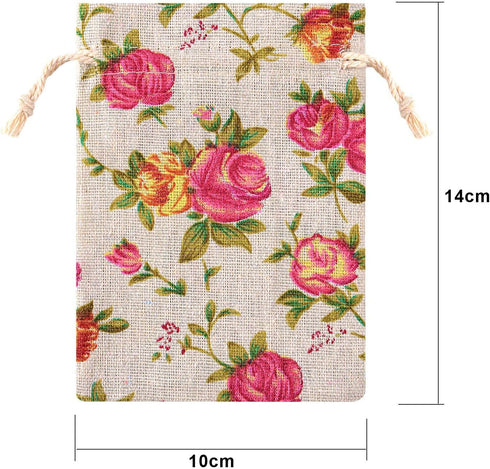 Pangda 30 Pieces Small Size Rose Drawstring Bags, Burlap Flower Pouch Bag, Linen Gift Pocket Jewelry Pouch for Wedding