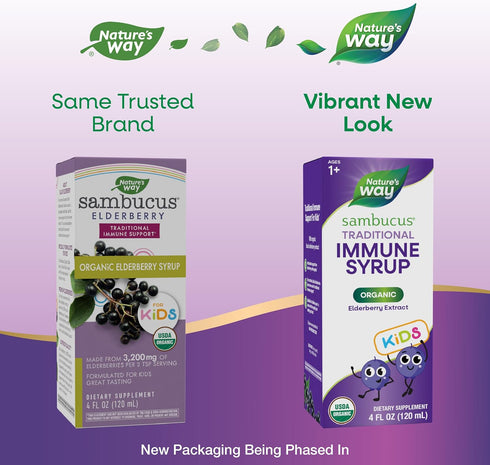 Nature's Way Sambucus Elderberry Traditional Immune Syrup for Ages 1+, Traditional Immune Support*, Antioxidant Support*, Black Elderberry Extract, USDA Certified Organic, 4 Fl Oz (Packaging May Vary)